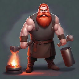 A realistic blacksmith dwarf with red hair and beard, wearing a leather apron and holding a hammer