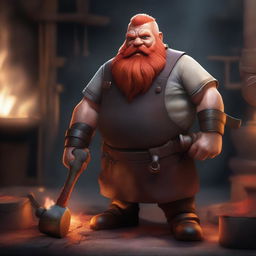 A realistic blacksmith dwarf with red hair and beard, wearing a leather apron and holding a hammer