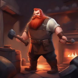 A blacksmith dwarf with red hair and a red beard, wearing a leather apron and holding a hammer