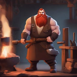 A blacksmith dwarf with red hair and a red beard, wearing a leather apron and holding a hammer