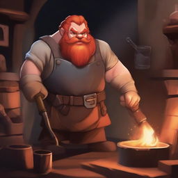 A blacksmith dwarf with red hair and a red beard, wearing a leather apron and holding a hammer