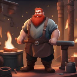 A blacksmith dwarf with red hair and a red beard, wearing a leather apron and holding a hammer