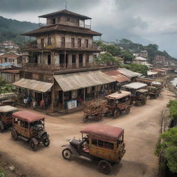 Visualize Liberia in a steampunk world: Monrovia with gear-laden buildings, rainforests buzzing with mechanical wildlife, beautiful beaches accentuated by steamboat activities, and the Mount Nimba range adorned with cogwork outposts.