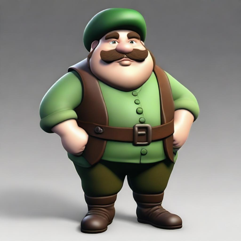 A short, chubby dwarf with white skin, brown hair, and a mustache