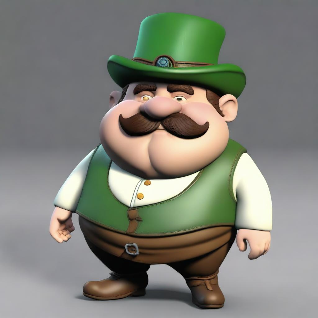 A short, chubby dwarf with white skin, brown hair, and a mustache