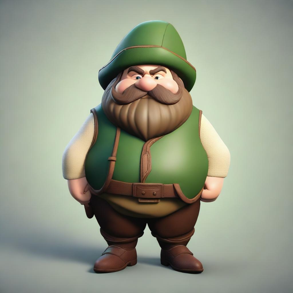 A short, chubby dwarf with white skin, brown hair, and a mustache