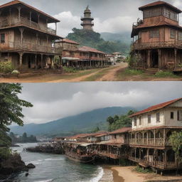 Visualize Liberia in a steampunk world: Monrovia with gear-laden buildings, rainforests buzzing with mechanical wildlife, beautiful beaches accentuated by steamboat activities, and the Mount Nimba range adorned with cogwork outposts.