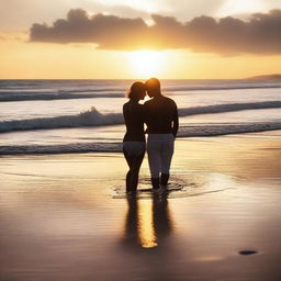 A sensual scene on the beach with a beautiful sunset in the background