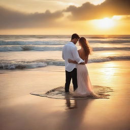 A sensual scene on the beach with a beautiful sunset in the background