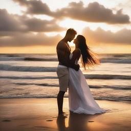 A sensual scene on the beach with a beautiful sunset in the background