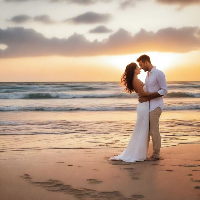 A sensual scene on the beach with a beautiful sunset in the background