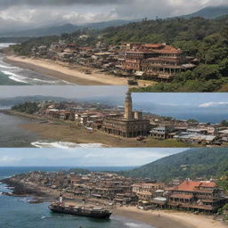 Visualize Liberia in a steampunk world: Monrovia with gear-laden buildings, rainforests buzzing with mechanical wildlife, beautiful beaches accentuated by steamboat activities, and the Mount Nimba range adorned with cogwork outposts.