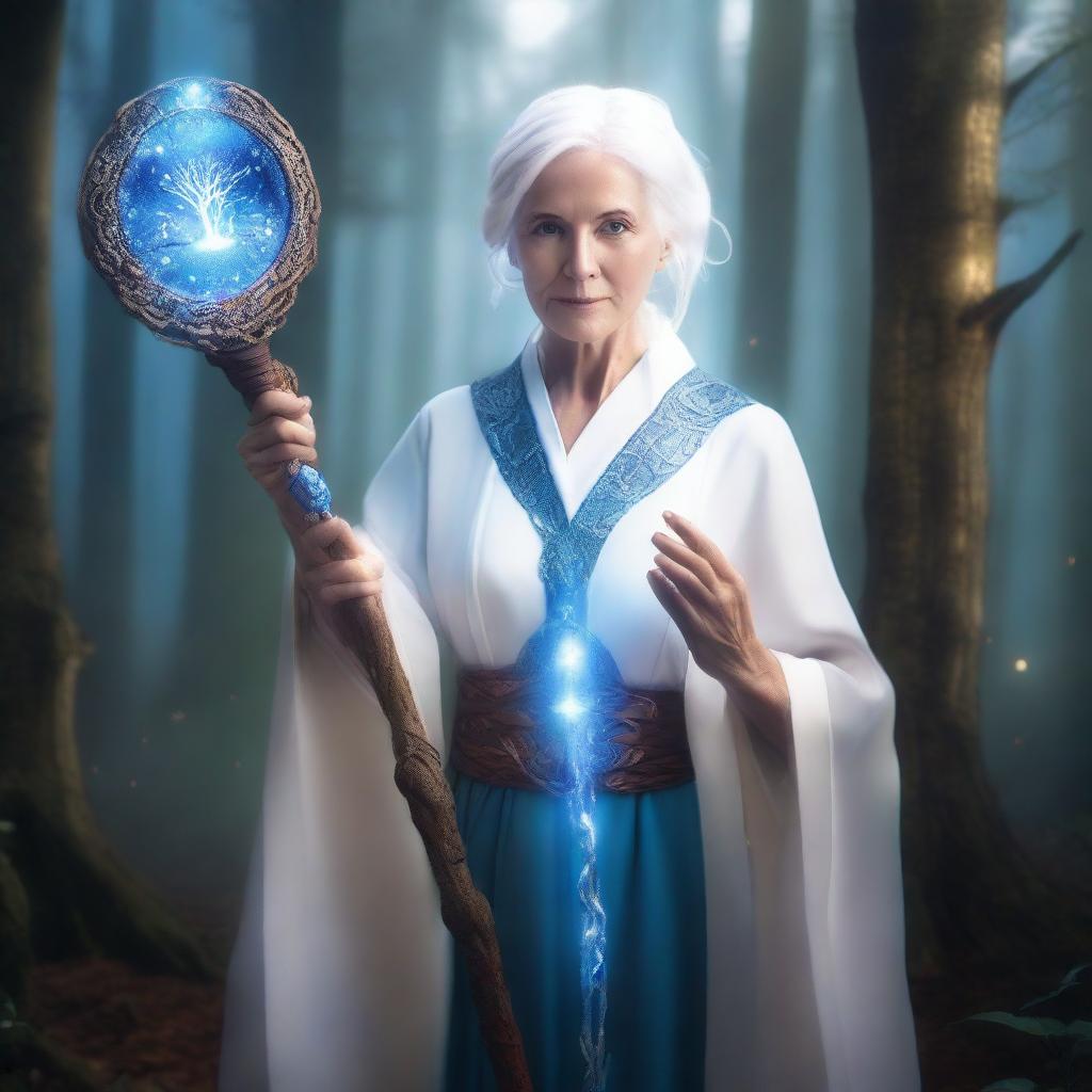 An old female human with white hair, wearing white robes and a blue tunic