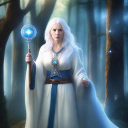 An old female human with white hair, wearing white robes and a blue tunic