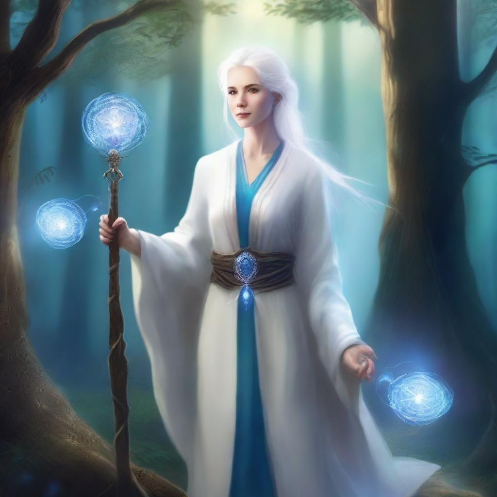 An old female human with white hair, wearing white robes and a blue tunic