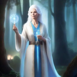 An old female human with white hair, wearing white robes and a blue tunic