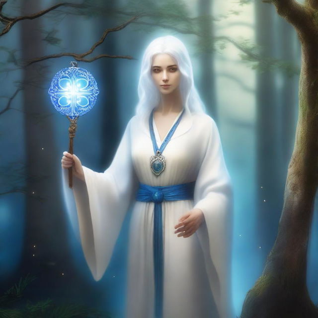 An old female human with white hair, wearing white robes and a blue tunic that covers her head