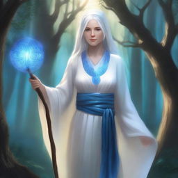 An old female human with white hair, wearing white robes and a blue tunic that covers her head