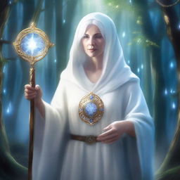 An old female human with white hair, wearing white robes and a blue tunic that covers her head