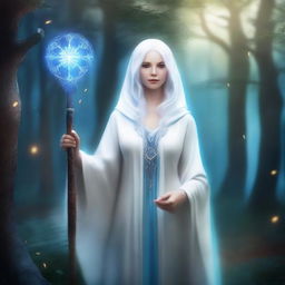 An old female human with white hair, wearing white robes and a blue tunic that covers her head