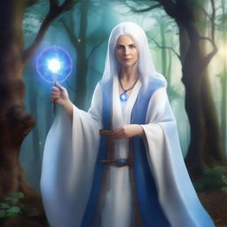 An old female human wizard with white hair, wearing white robes and a blue tunic that covers her head