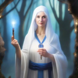 An old female human wizard with white hair, wearing white robes and a blue tunic that covers her head