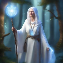 An old female human wizard with white hair, wearing white robes and a blue tunic that covers her head