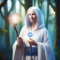 An old female human wizard with white hair, wearing white robes and a blue tunic that covers her head