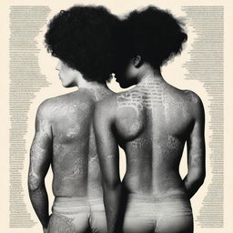 A tall, white, heavily tattooed man and a black woman with curly hair and tattoos on both arms stand back to back, slightly apart