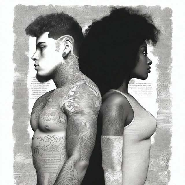 A tall, white, heavily tattooed man and a black woman with curly hair and tattoos on both arms stand back to back, slightly apart