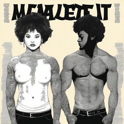 A tall, white, heavily tattooed man and a black woman with curly hair and tattoos on both arms stand back to back, slightly apart