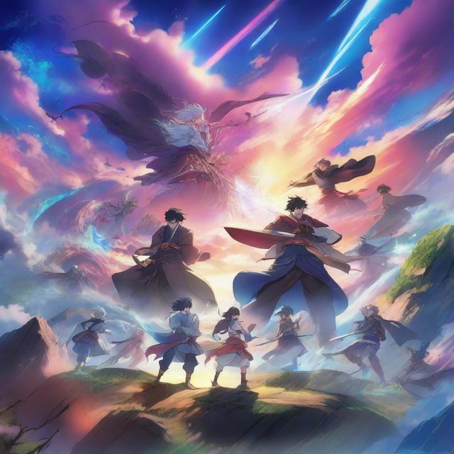 A vibrant and dynamic anime scene featuring a group of characters in an epic battle