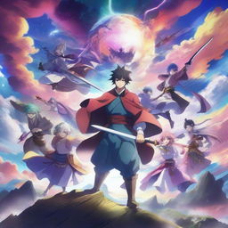 A vibrant and dynamic anime scene featuring a group of characters in an epic battle