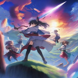 A vibrant and dynamic anime scene featuring a group of characters in an epic battle