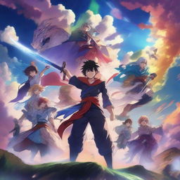 A vibrant and dynamic anime scene featuring a group of characters in an epic battle