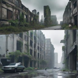 A split image showcasing a dystopian and utopian world side by side