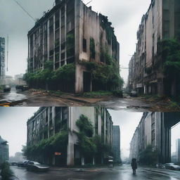 A split image showcasing a dystopian and utopian world side by side