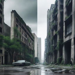 A split image showcasing a dystopian and utopian world side by side