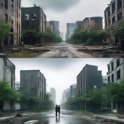 A split image showcasing a dystopian and utopian world side by side