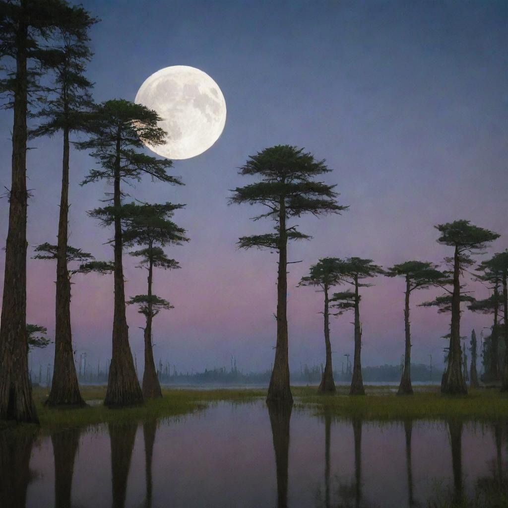 A peaceful, yet enigmatic cypress forest bathed in the light of the moon.