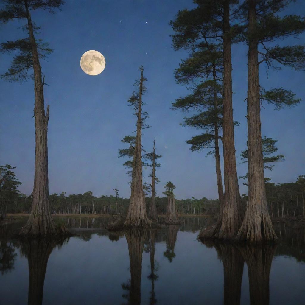 A peaceful, yet enigmatic cypress forest bathed in the light of the moon.