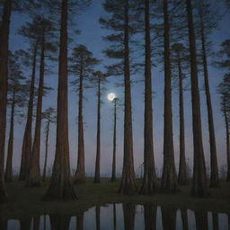 A peaceful, yet enigmatic cypress forest bathed in the light of the moon.