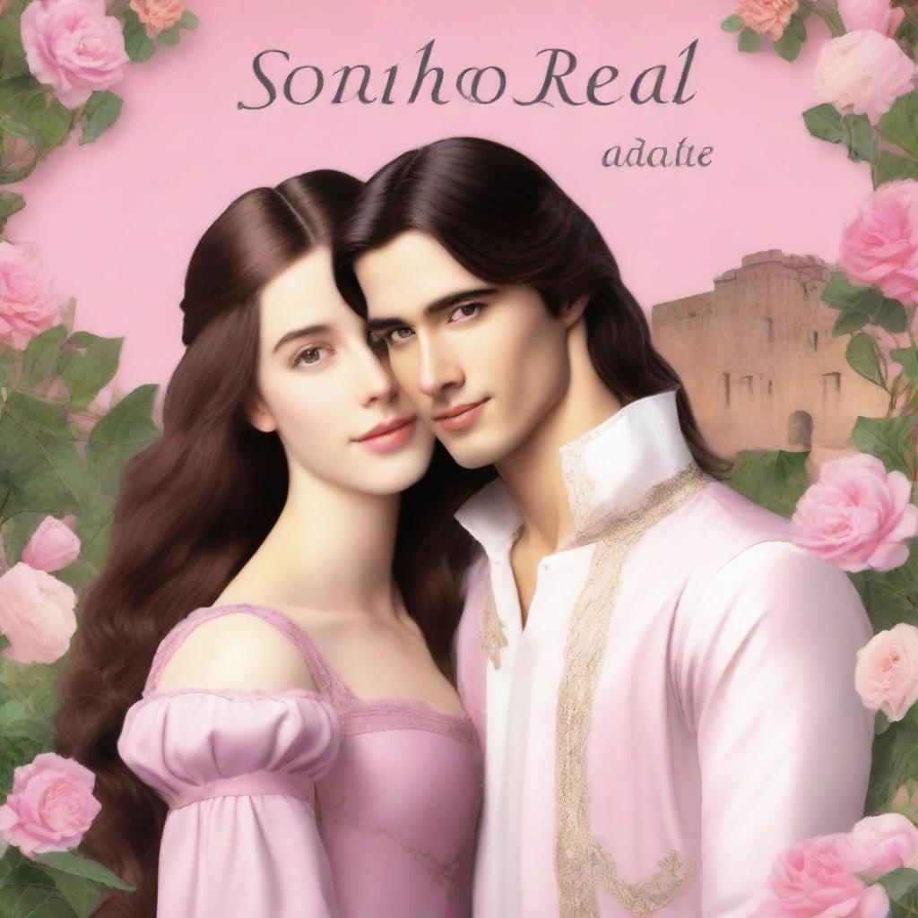 Create a book cover titled 'SONHO REAL' featuring a young woman with long brown hair and brown eyes, wearing a baby pink period dress, smiling next to a young man dressed as a prince with a sword in its sheath, black hair, brown eyes, and a serious expression