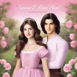 Create a book cover titled 'SONHO REAL' featuring a young woman with long brown hair and brown eyes, wearing a baby pink period dress, smiling next to a young man dressed as a prince with a sword in its sheath, black hair, brown eyes, and a serious expression