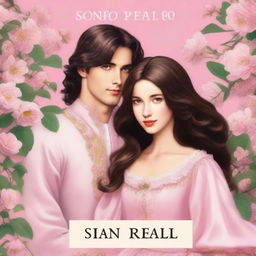 Create a book cover titled 'SONHO REAL' featuring a young woman with long brown hair and brown eyes, wearing a baby pink period dress, smiling next to a young man dressed as a prince with a sword in its sheath, black hair, brown eyes, and a serious expression