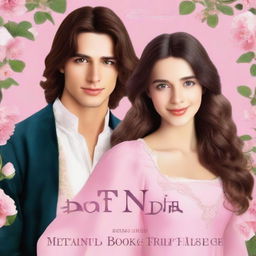 Create a book cover titled 'SONHO REAL' featuring a young woman with long brown hair and brown eyes, wearing a baby pink period dress, smiling next to a young man dressed as a prince with a sword in its sheath, black hair, brown eyes, and a serious expression