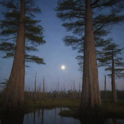 A peaceful, yet enigmatic cypress forest bathed in the light of the moon.