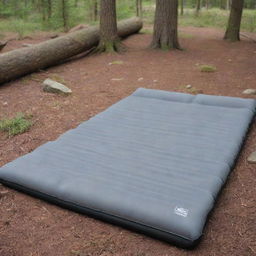 A grey and black foam sleeping pad for outdoor use, covered and designed to unfold into four parts, strategically placed in a serene campsite setting.