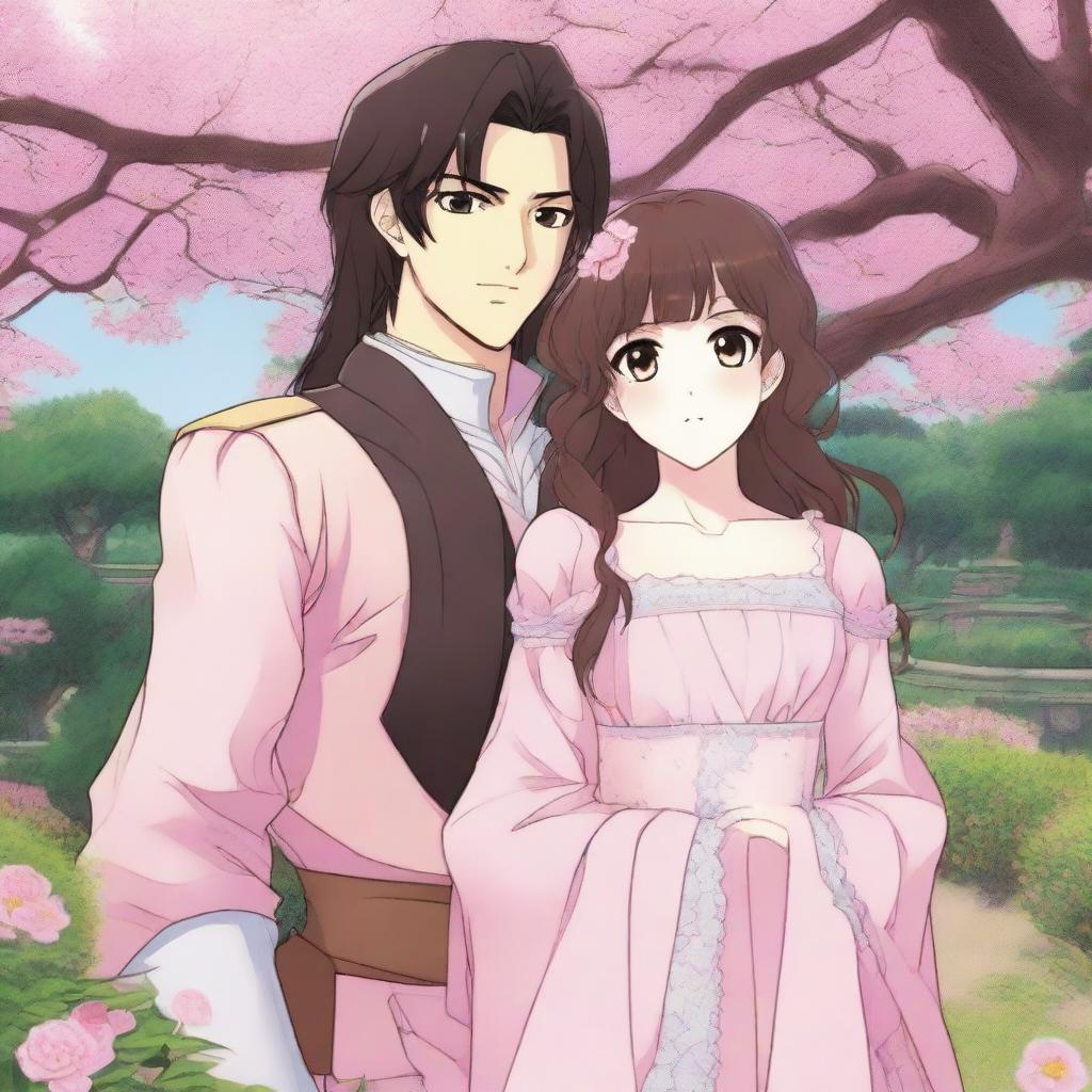 A manga-style illustration featuring a young woman with long brown hair and brown eyes, wearing a baby pink period dress and smiling