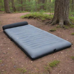 A grey and black foam sleeping pad for outdoor use, covered and designed to unfold into four parts, strategically placed in a serene campsite setting.